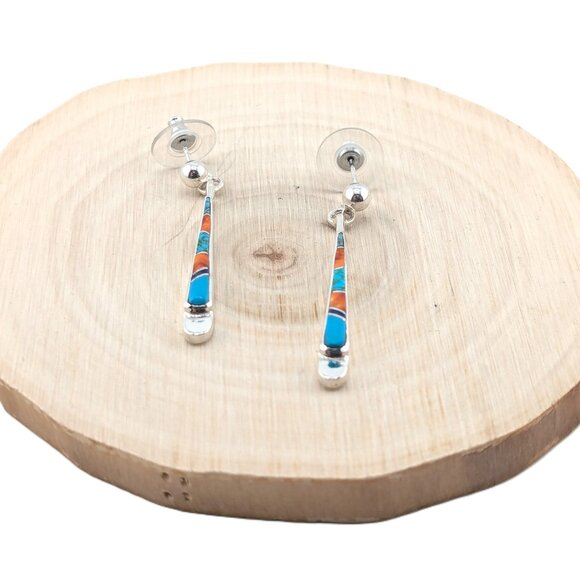 Handcrafted Navajo Sterling Silver Multi Stone Inlay Drop Earrings Jewelry ** - Picture 1 of 10